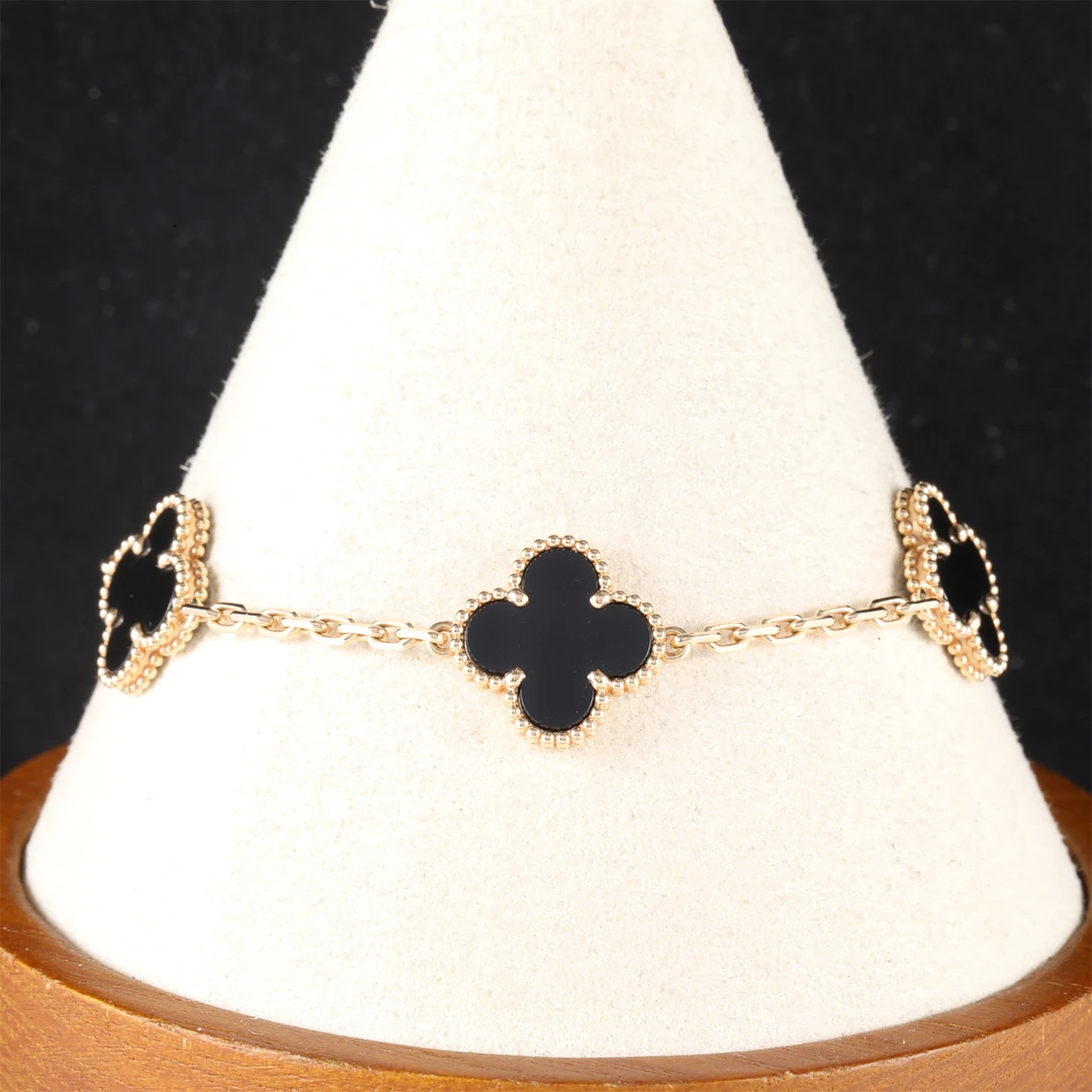 99新 梵克雅宝 小花佳珊794469 中号五花手链 新扣 黄金/缟玛瑙