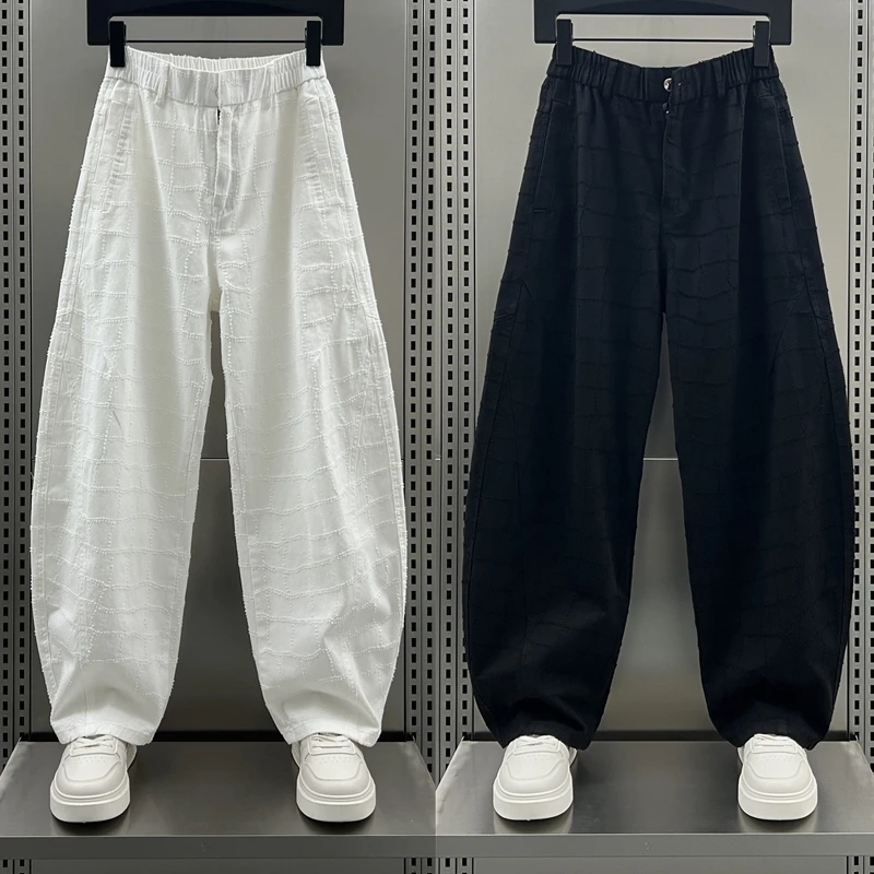 潮流痞帅阔腿弯刀裤男春夏新款宽松直筒裤百搭勾花设计纯色休闲裤