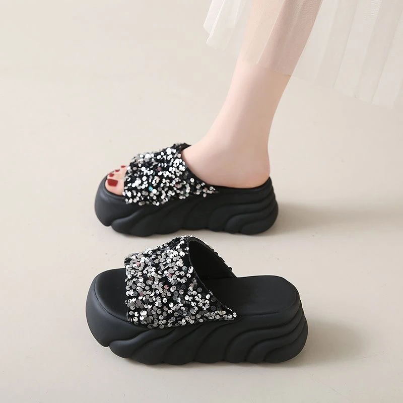 （微瑕款直播间下单）亮片松糕底一字带凉鞋网面凉鞋女女士外穿