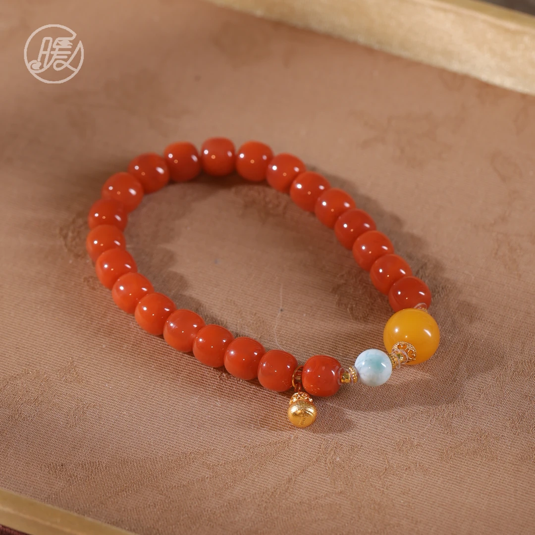 单圈南红玛瑙手串老型珠搭配葫芦吊坠手链H3026多样性发一