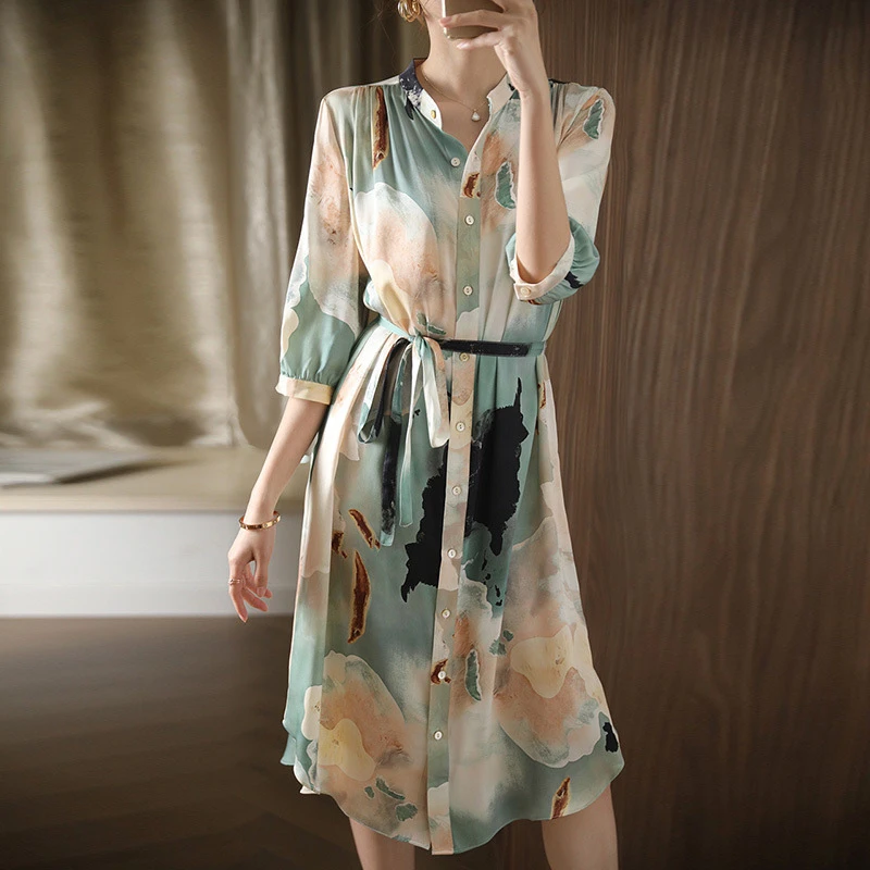 衬衫连衣裙2025新款撞染拼接系带气质七分袖收腰高级感裙子4257