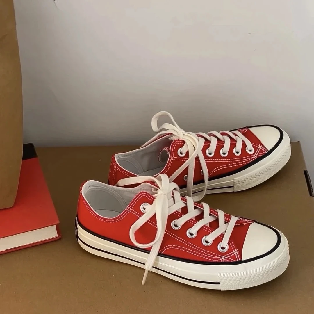 大红低帮基础款百搭帆布鞋休闲夏季复古