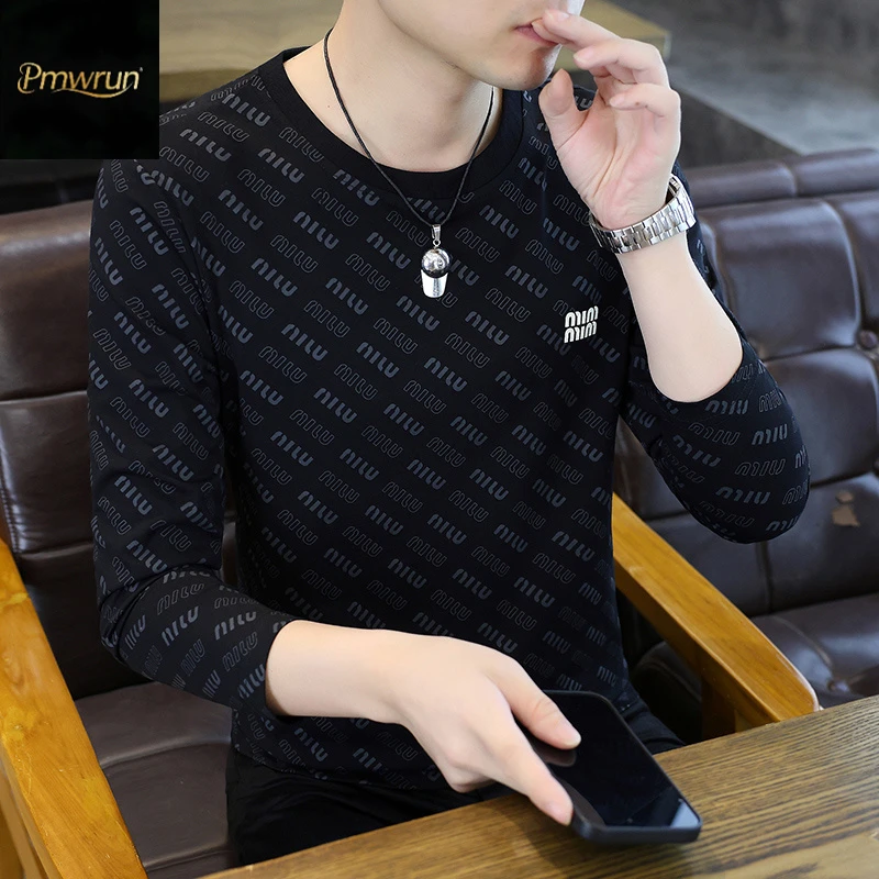 秋冬季新款字母印花卫衣男士修身圆领休闲时尚潮牌痞帅男装上衣