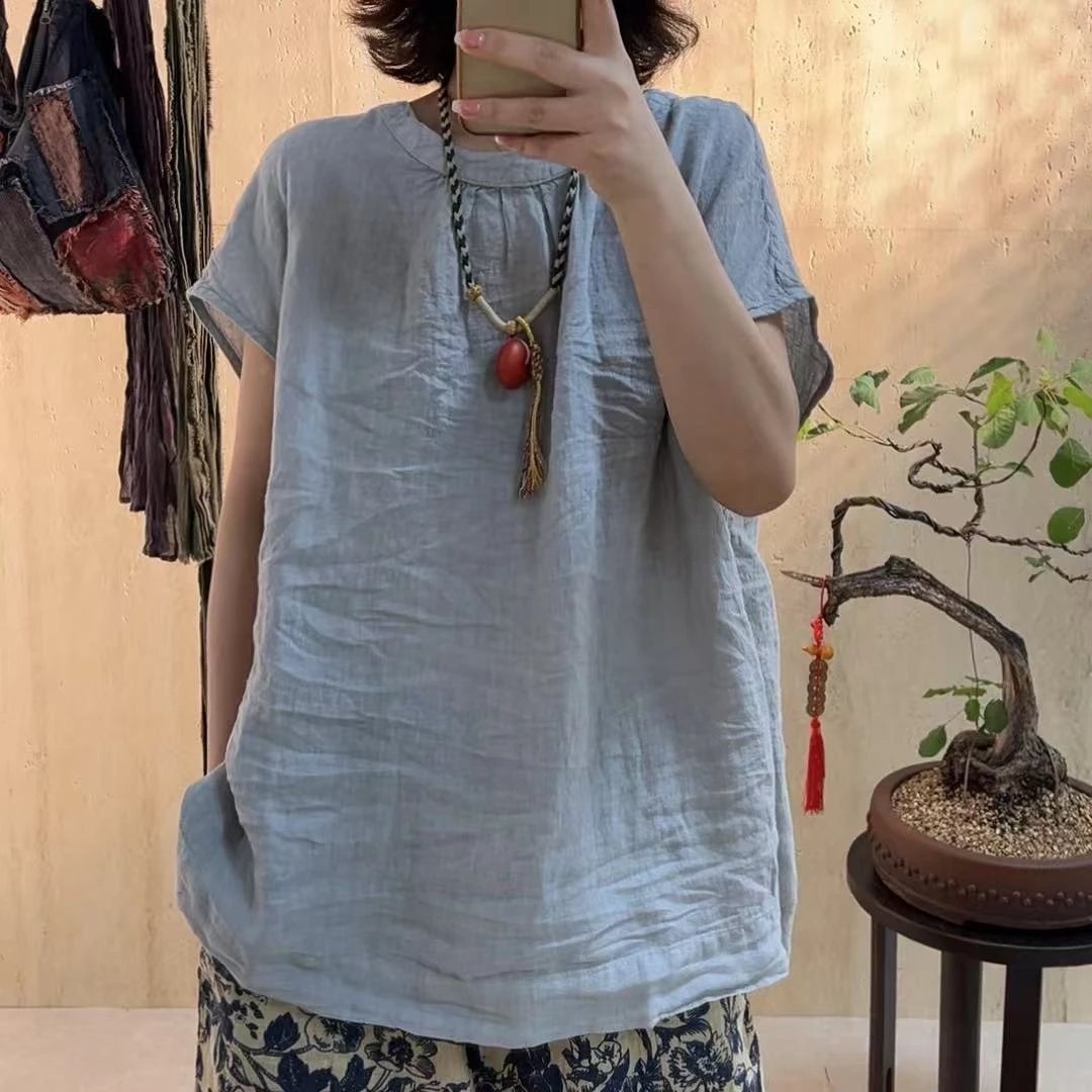 那年夏季100%亚麻压褶飞飞袖薄款圆领衬衫上衣文艺宽松