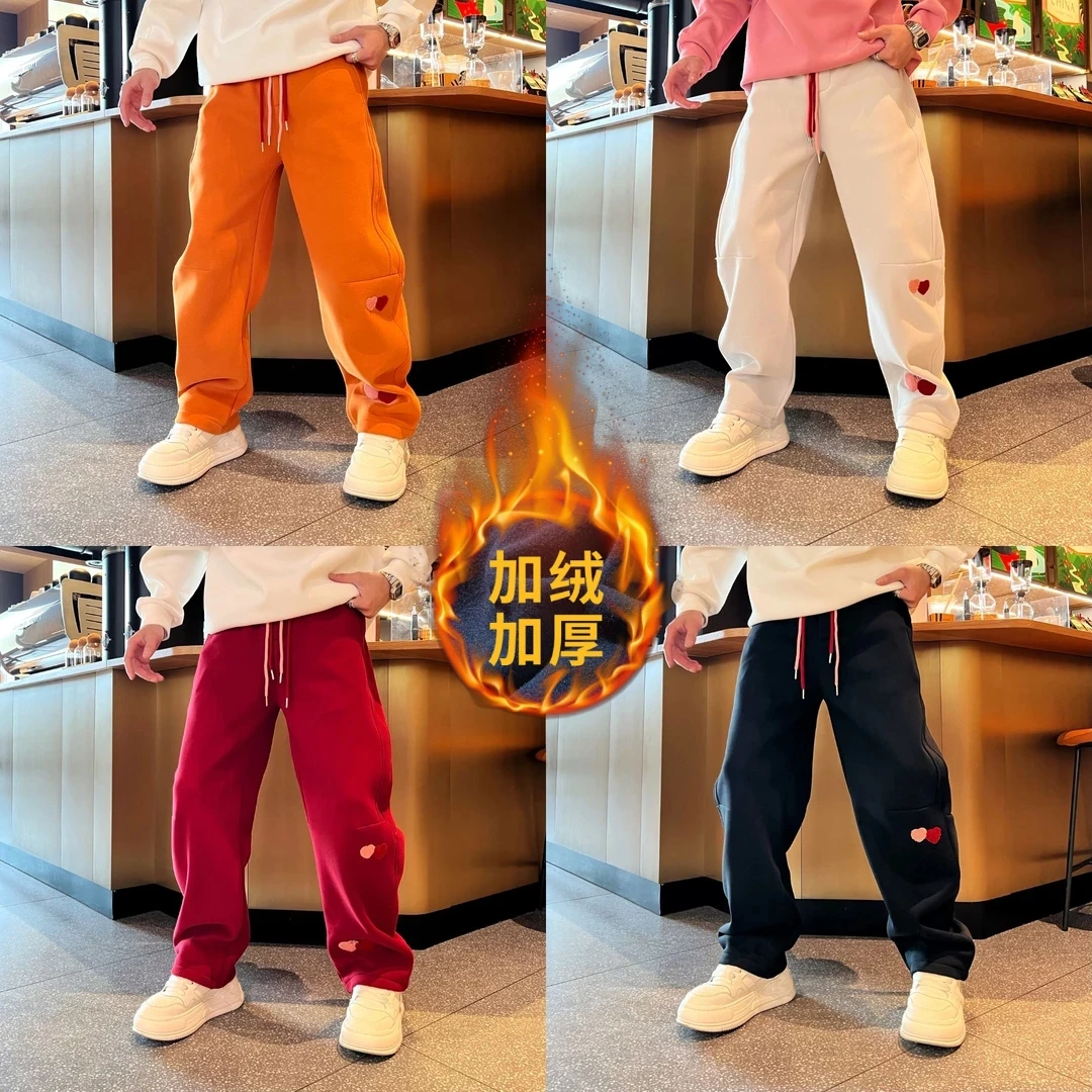 冬季新款植绒贴布时尚百搭加绒加厚松紧腰撞色抽绳宽松男款休闲裤