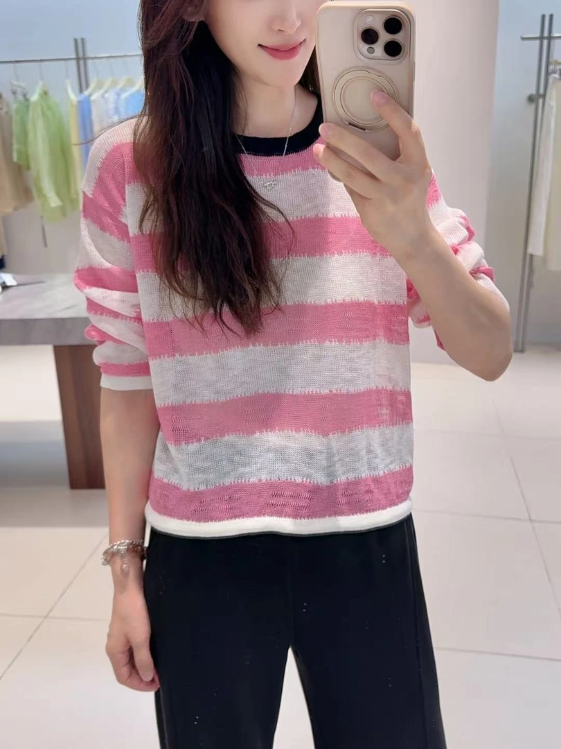 针织衫-63936时尚圆领条纹撞色下摆系绳