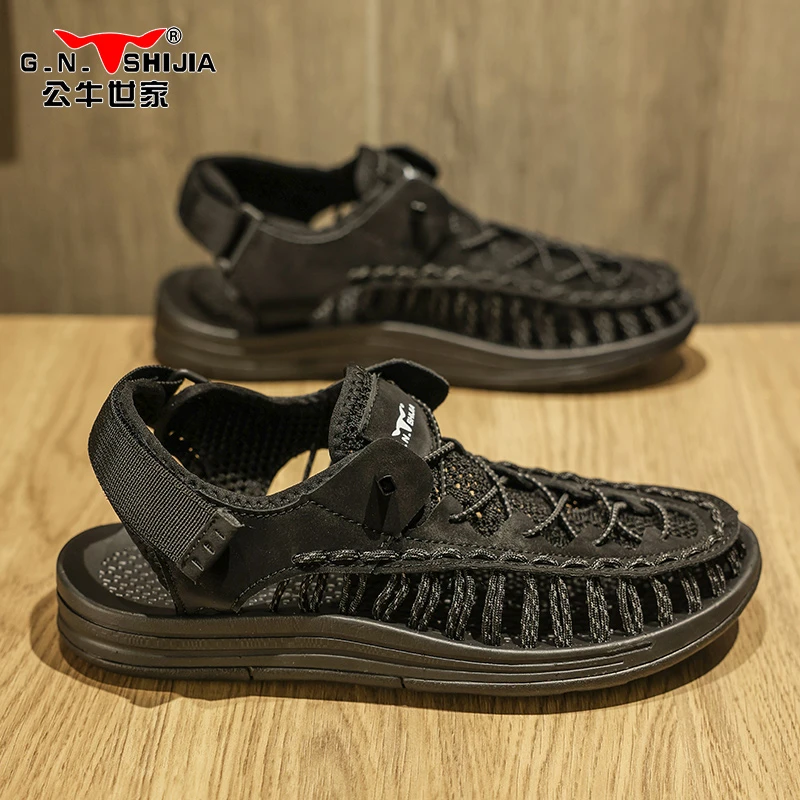 公牛世家2025新款夏季外穿编制镂空凉鞋男运动防滑涉水包头洞洞鞋