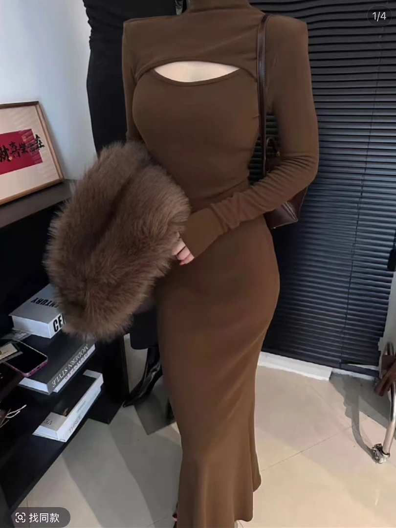 法式镂空时尚连衣裙女款2025秋冬新款爆款后背蕾丝网纱修身包臀裙