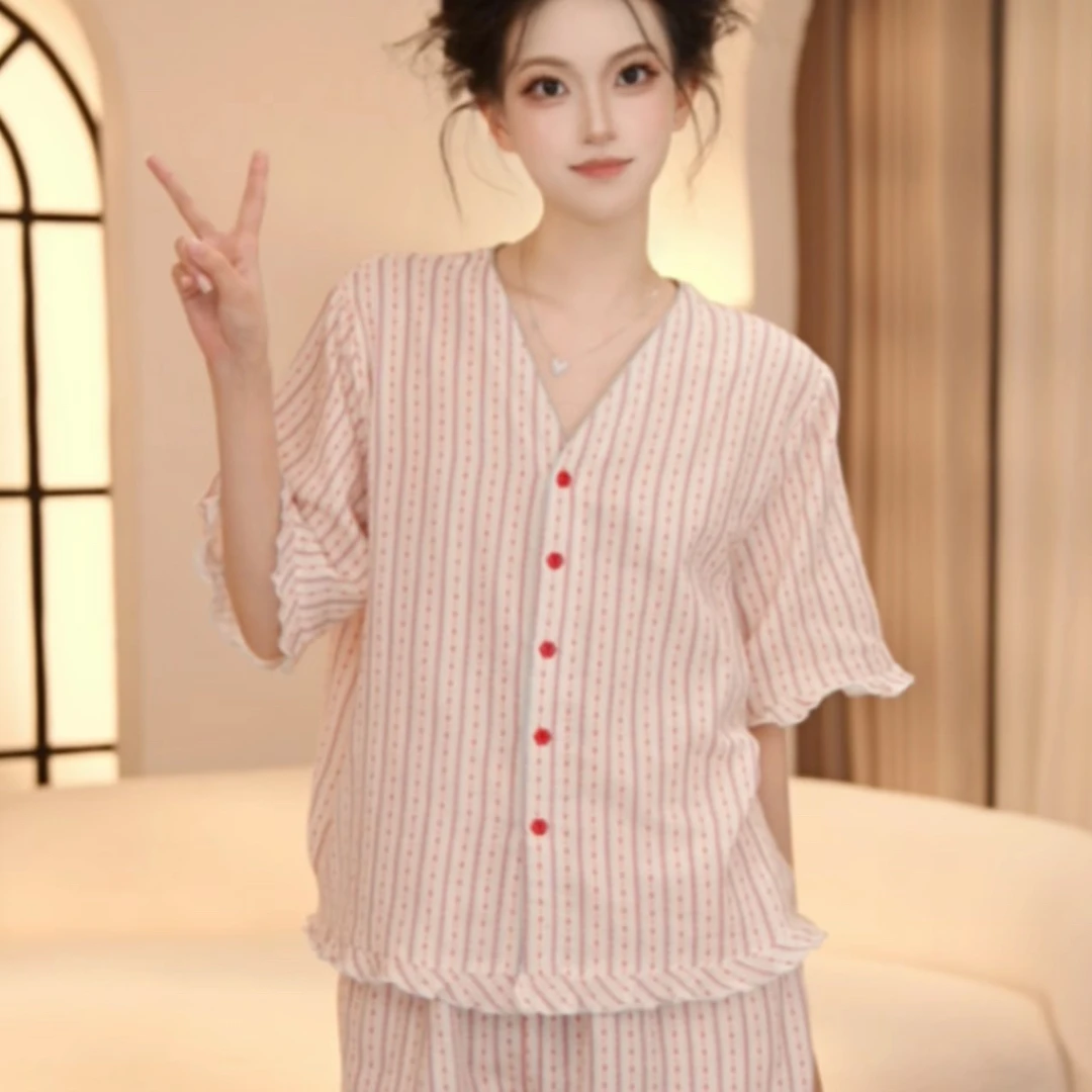 VINEEMAN【粉纹甜心】2025新款女士夏季高定纯棉睡衣家居服套装
