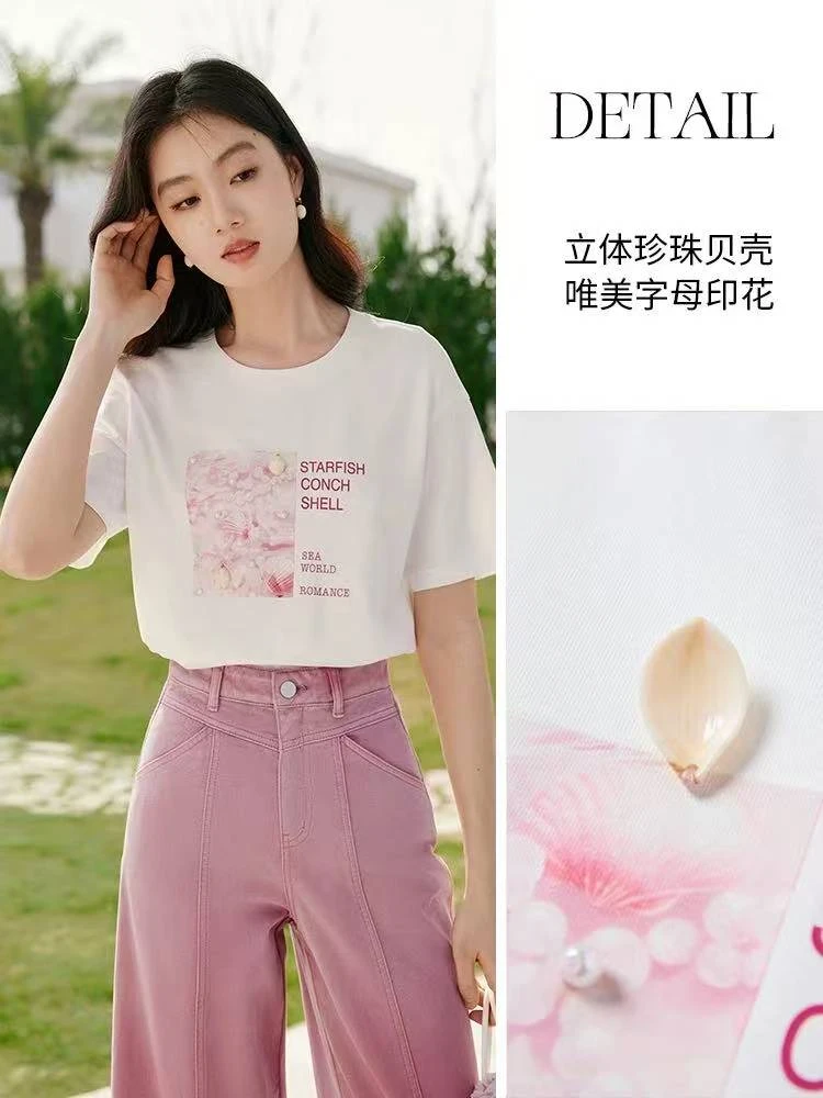 白色t恤女短袖2025夏装新款超好看印花宽松上衣7528