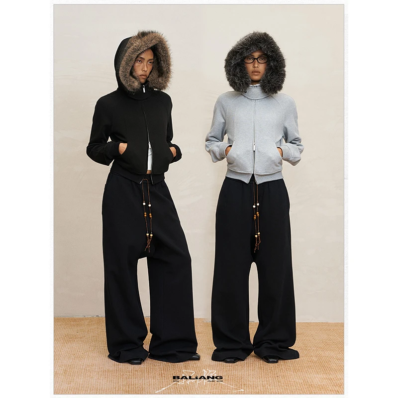 BALIANG「捌樑」”可拆卸“抓绒针织蓬毛领修身短款拉链卫衣外套