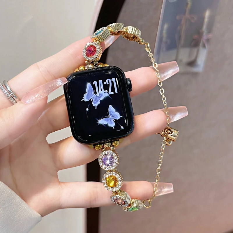 适用苹果S10手表SE表带applewatchS9高级方糖彩色S8镶钻金属7手链