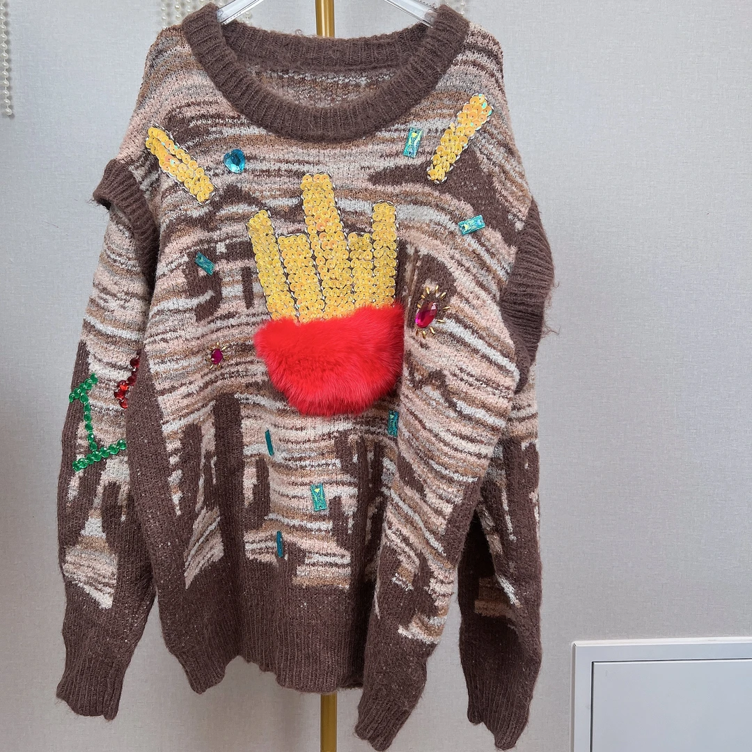 W1040锐宝潮牌美拉德薯条元素咖色毛衣秋冬款