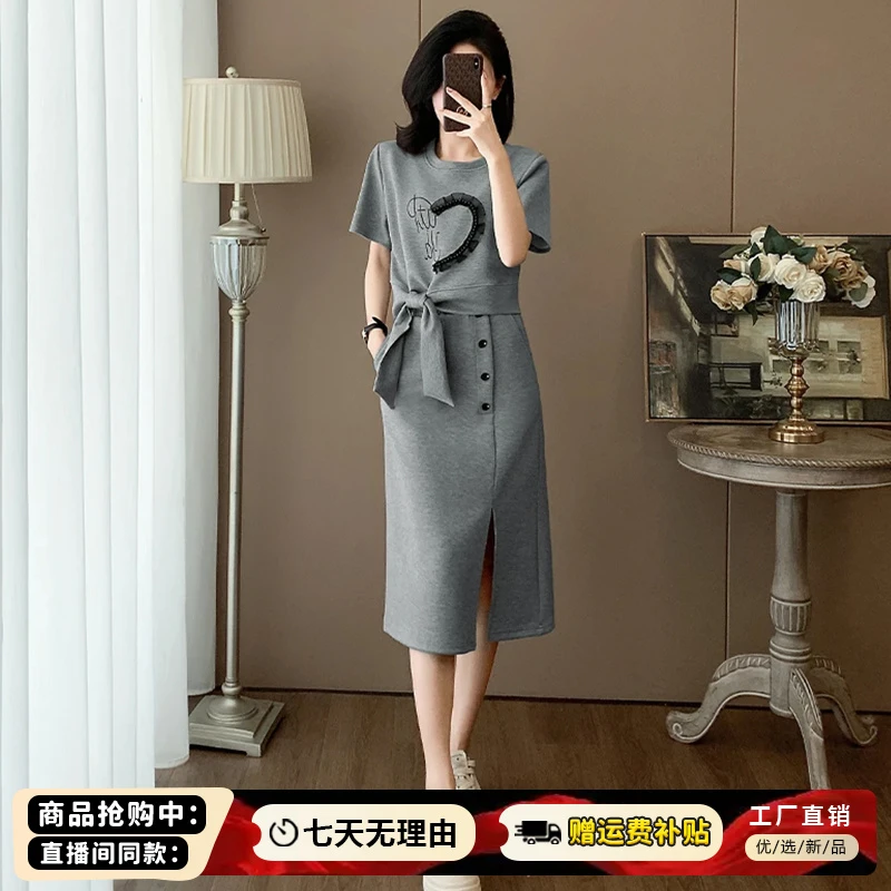 高含棉休闲显瘦套装女2025年夏季新款绑带蝴蝶结上衣半身裙两件套