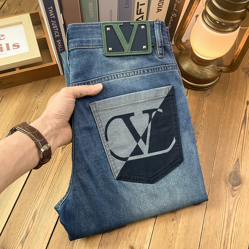 夏季新款蓝色牛仔裤男士轻奢高端品质激光印花弹力修身小直筒薄款