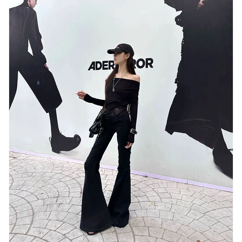 2025年早秋新品ins美式辣妹一字肩修身烧花T恤上衣+高腰微喇长裤