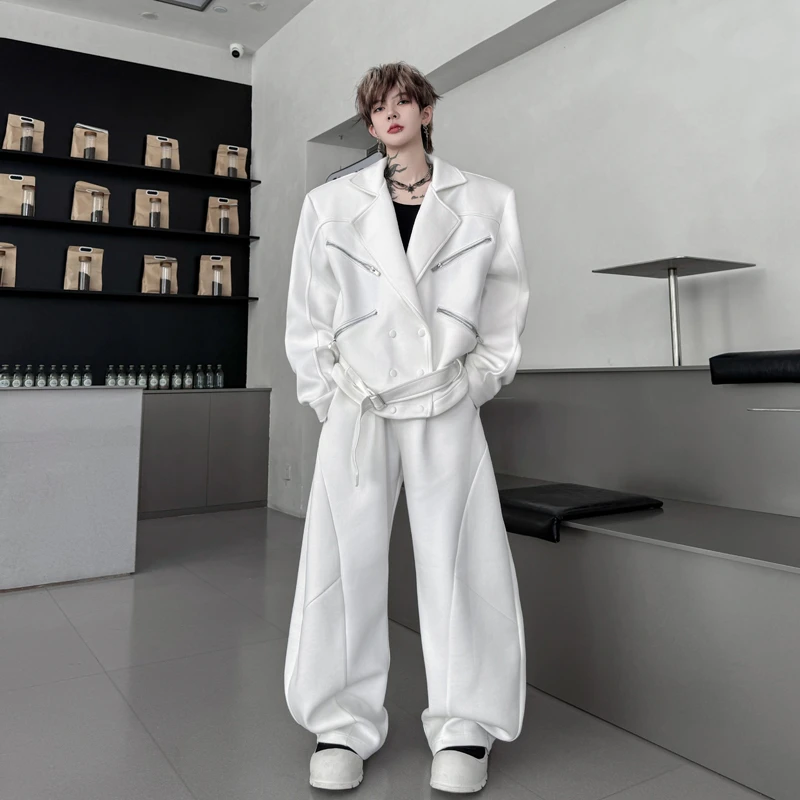 秋季小众多拉链腰带西装领垫肩夹克套装男搭配弯刀阔腿长裤两件套