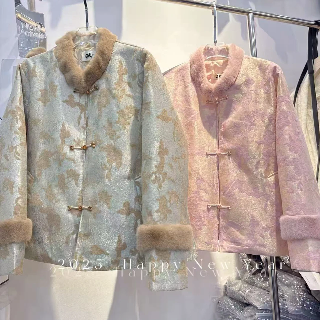 冬季新中式国风立领毛领加棉短外套女大码棉衣宽松百搭洋气上衣