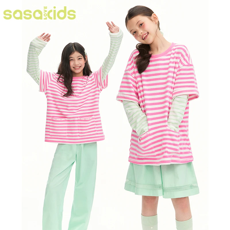 sasakids粉白条纹撞色毛巾布条纹T恤短袖叠穿烫钻口袋上衣