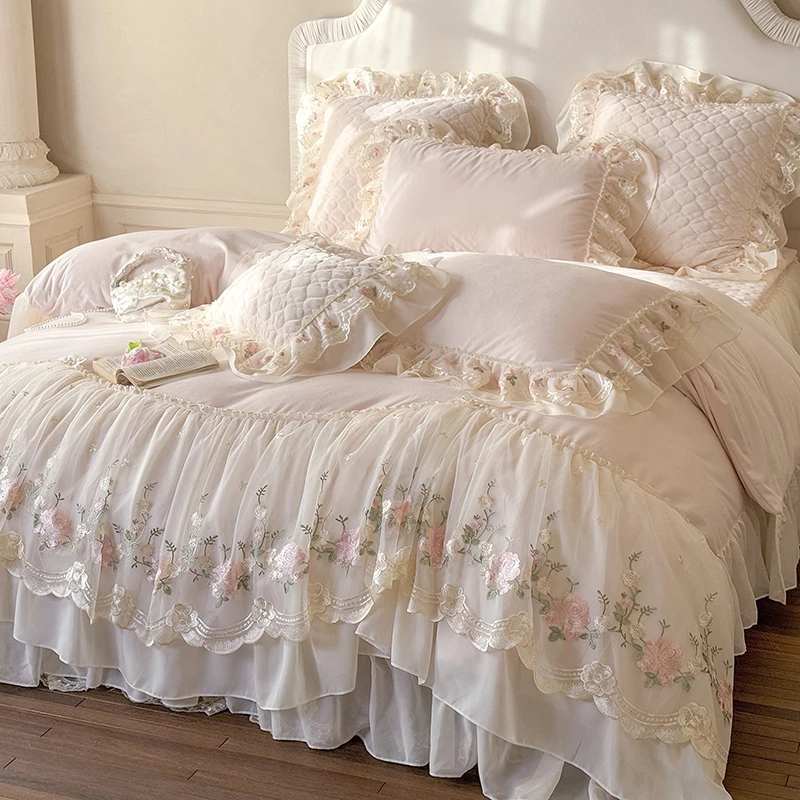 法式公主风床盖全棉长绒棉四件套蕾丝花边被套少女轻奢夹棉床品
