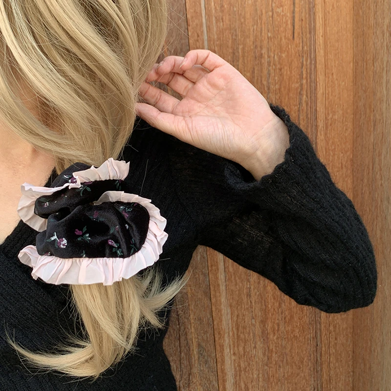 褶皱花边森系发圈女高级感洋气时尚 清新碎花丝绒低丸子头大肠圈