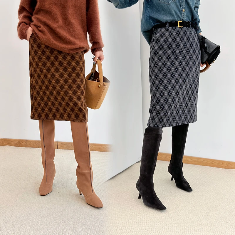 115BQ4272轻奢复古英伦风时尚中裙女冬季格纹百搭气质半身裙