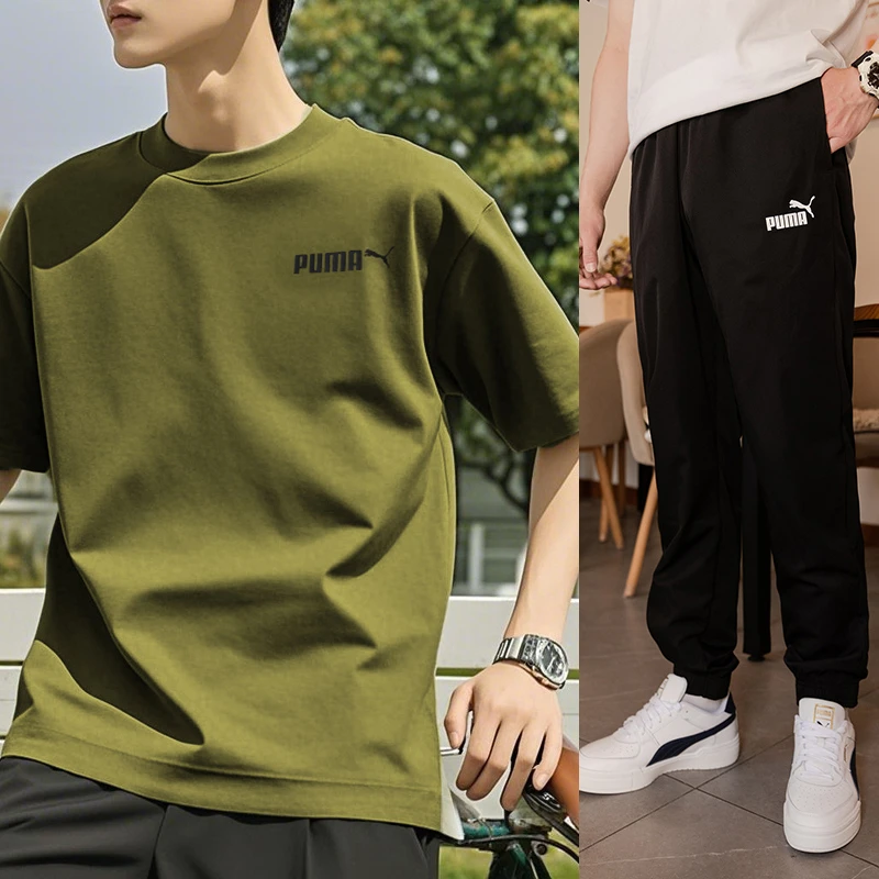 PUMA彪马短袖T恤男套装2025新款运动休闲服圆领半袖黑色梭织长裤