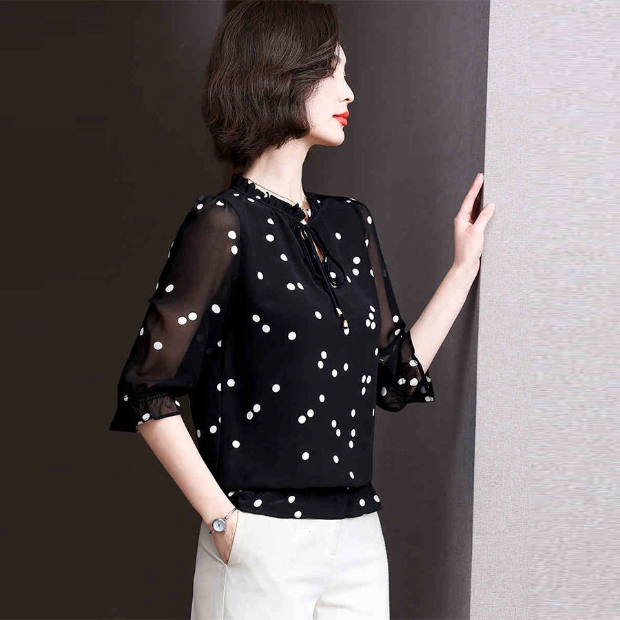 雪纺衫短袖女款爆款2025新款洋气高贵上衣气质夏天设计感圆点小衫