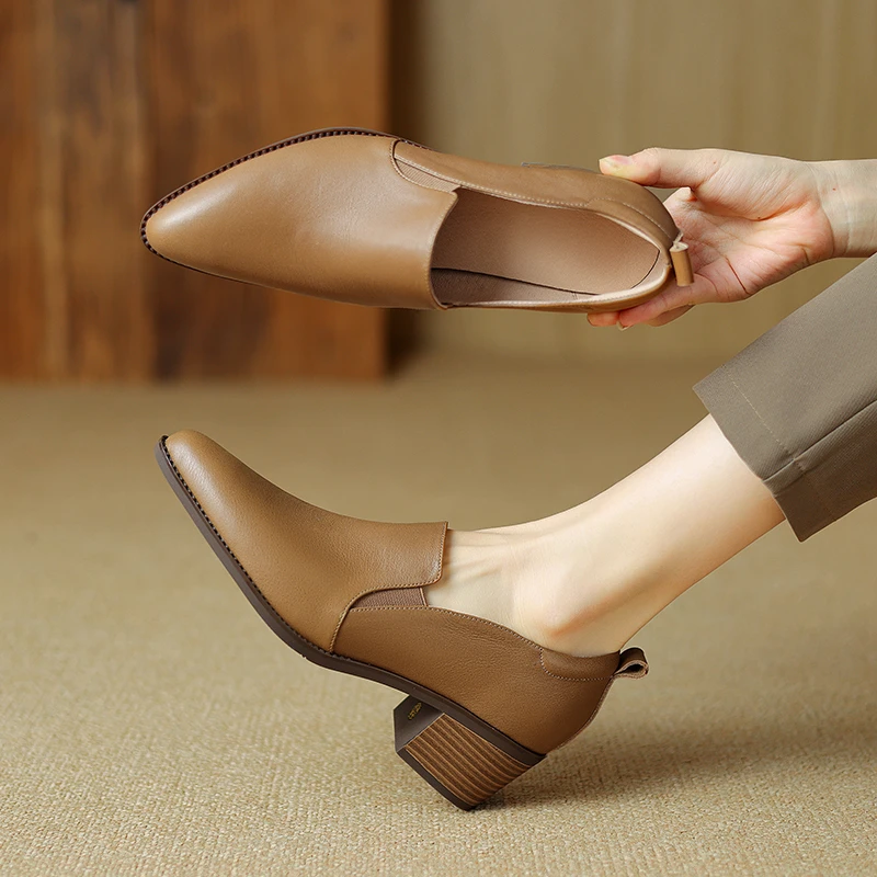 牛皮5公分/春秋真皮复古风尖头粗跟单鞋女舒适百搭中跟小皮鞋女鞋