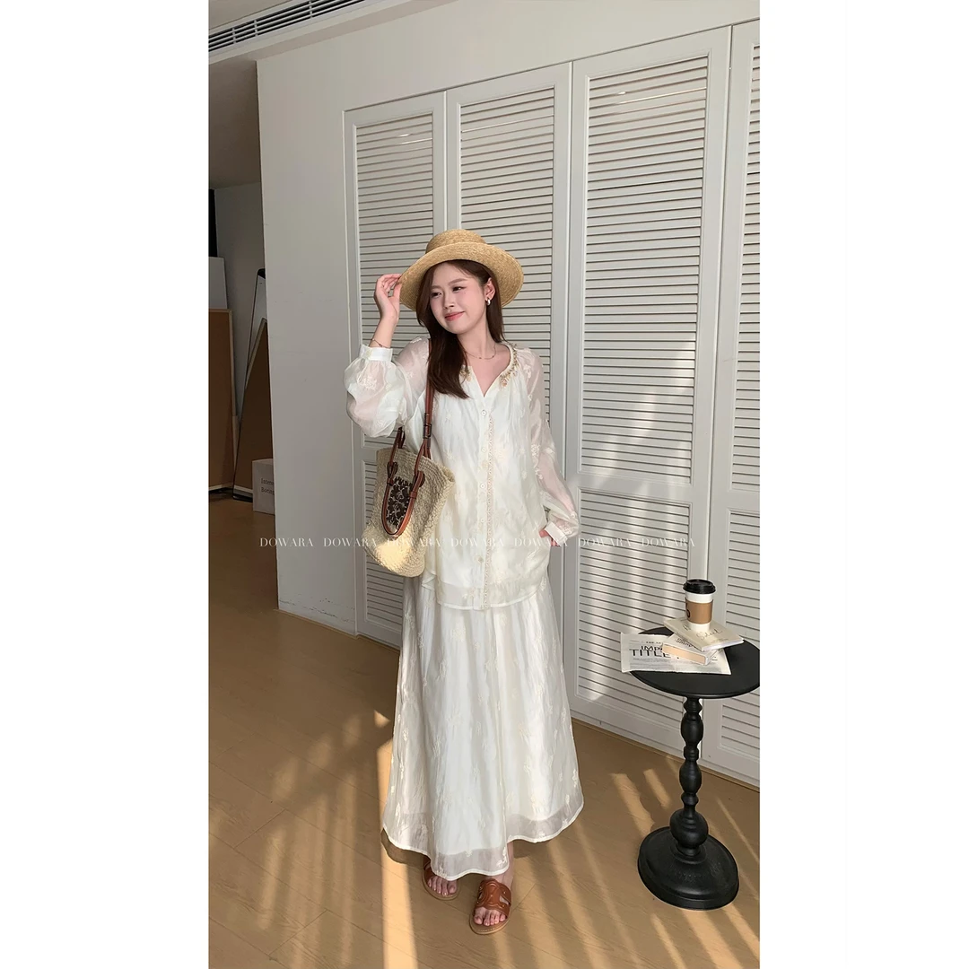 大婉酱微胖定制奶杏色莱赛尔套装女长袖提花上衣+长款半身裙8068D