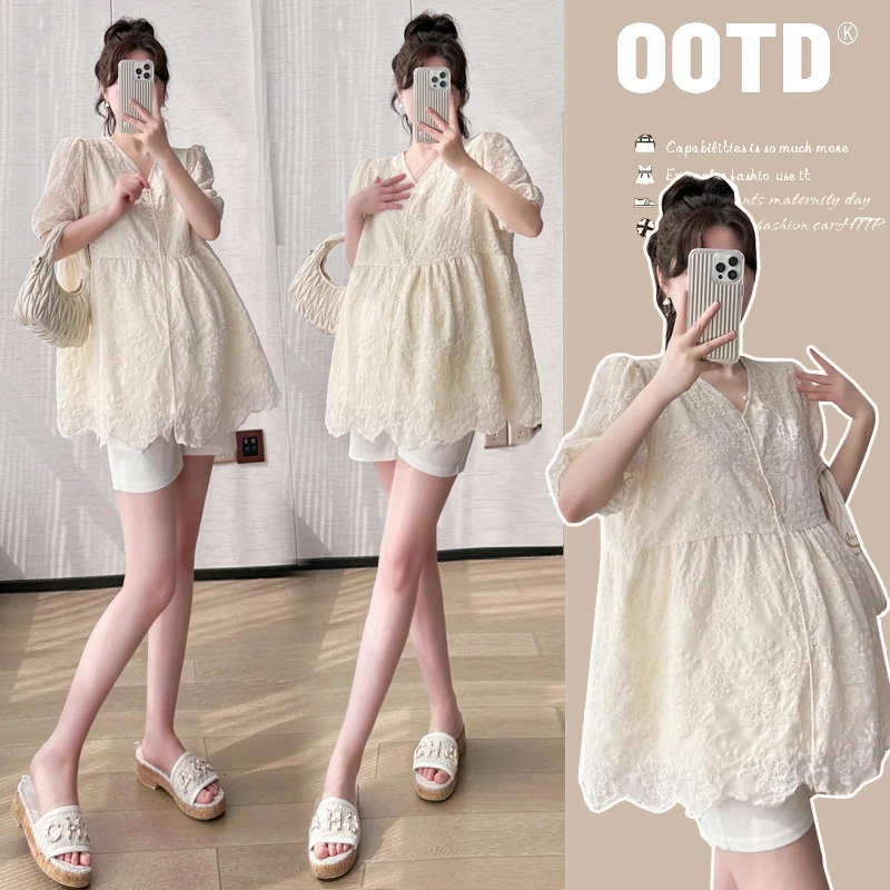 【晴晴】孕妇上衣2025夏季新款时尚V领蕾丝花边刺绣娃娃衫孕妇夏装