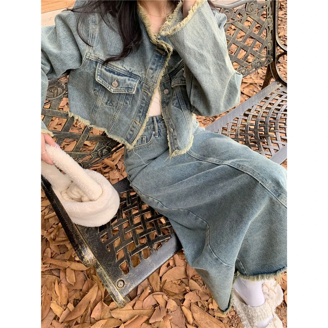 辣妹复古水洗短款牛仔外套春季2025新款高腰长款半身裙牛仔裙套装