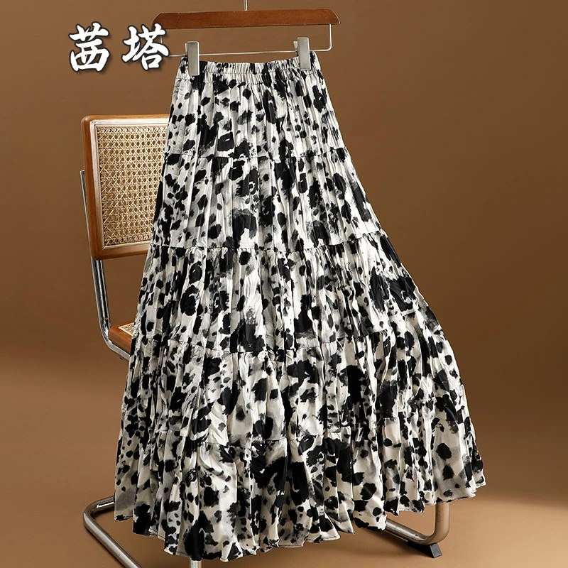 复古拼接豹纹半身裙女夏季2025新款高腰遮胯大摆裙褶皱a字长裙子