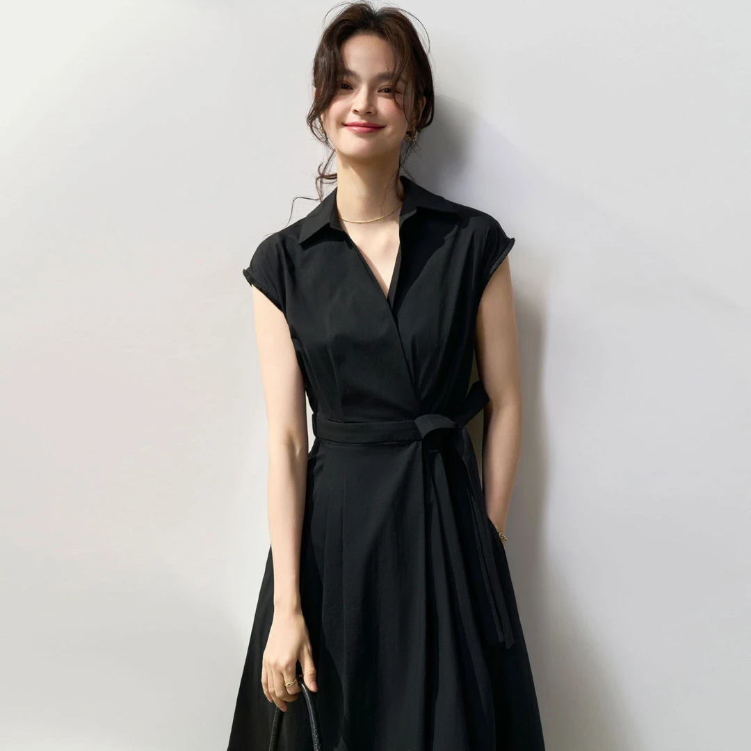 25夏法式优雅气质对称压褶立裁收腰系带显瘦棉衬衫连衣裙15336