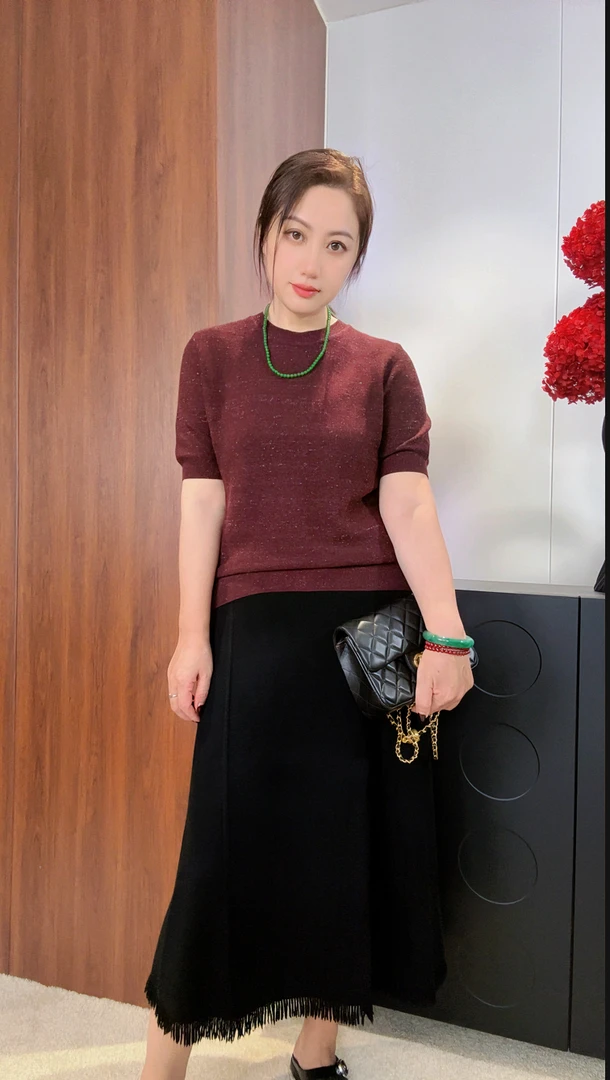 老板娘严选2025意大利女士针织毛衣短袖圆领商务休闲上衣AB6856