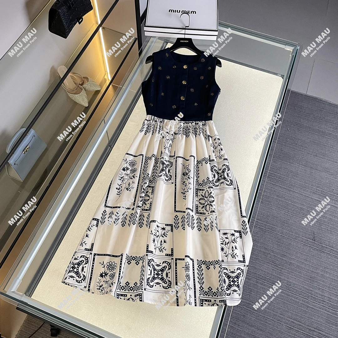 MIUMEM 夏季新款国风印花无袖收腰连衣裙DY7287