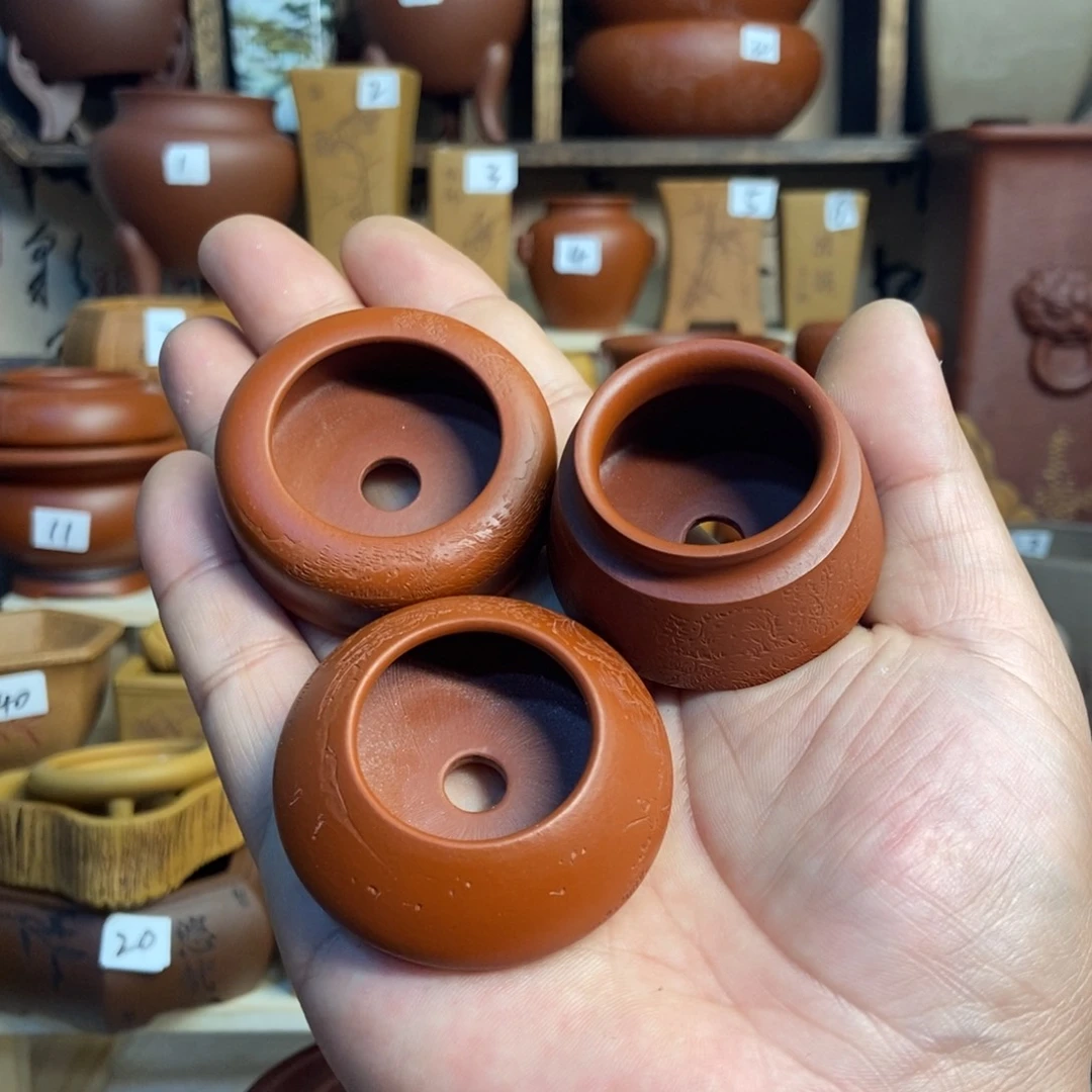 紫砂花盆一组3只，拇指盆，孙伟手拉胚带刻绘，