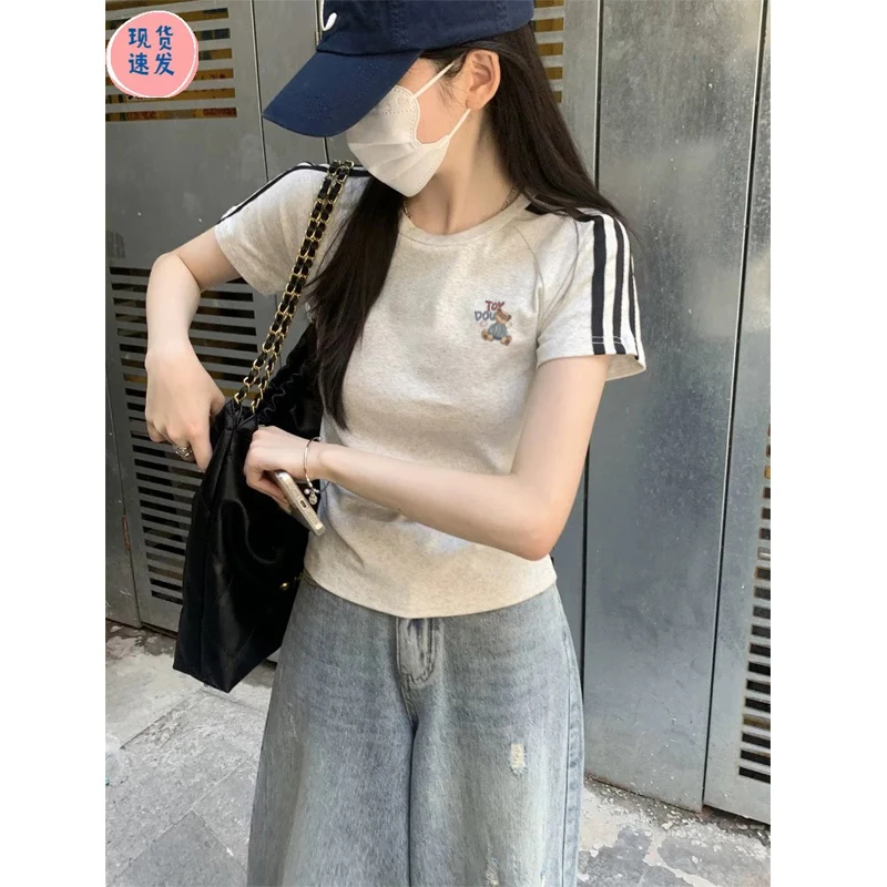 清仓捡漏~夏季2025新款短款小个子正肩三条杠短袖T恤女时尚上衣潮