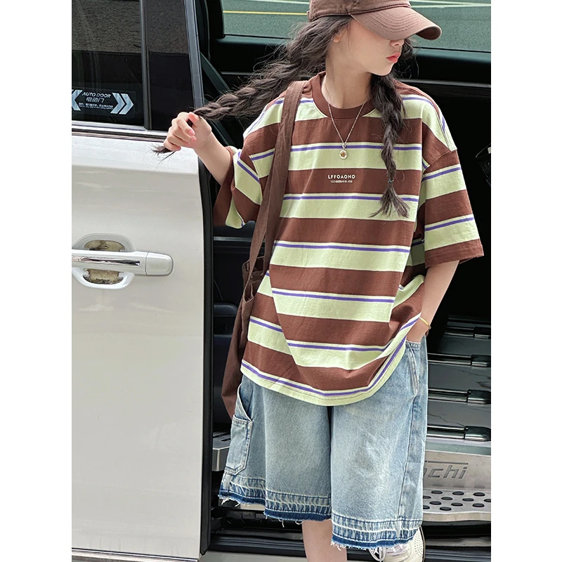 k29195韩系慵懒女童条纹短袖T恤2025新款夏装休闲儿童上衣宽松潮t