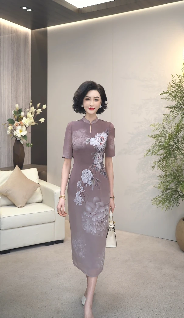 2025夏季（粉黛天香）旗袍领定位花莱赛尔天丝冰羽纱连衣裙WF3227