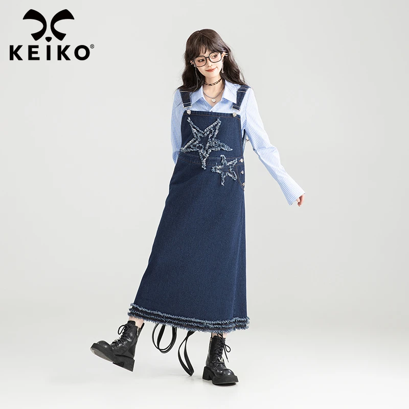 KEIKO 复古星形贴布背带牛仔连衣裙2025春夏美式毛边流苏吊带长裙