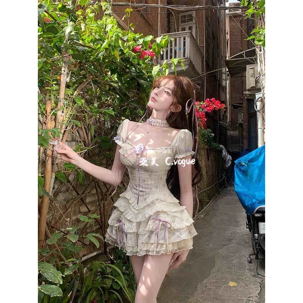 紫薯芋泥甜美芭蕾风方领泡泡袖碎花上衣蓬蓬半身裙
