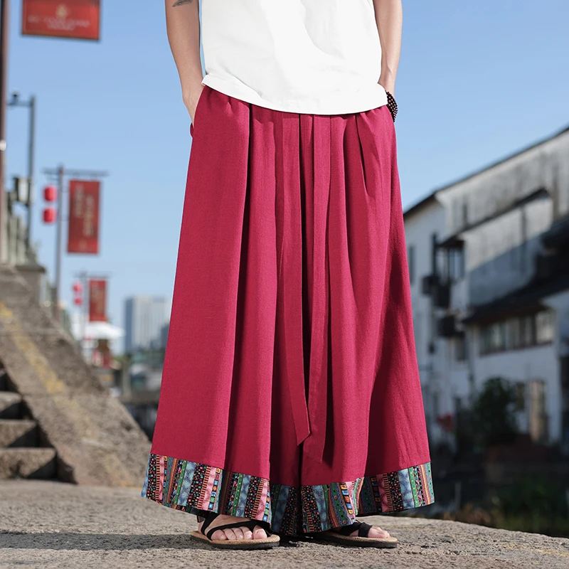 新中式男装棉麻裤子男士大码胖子阔腿裤中国风民族风印花直筒裙裤