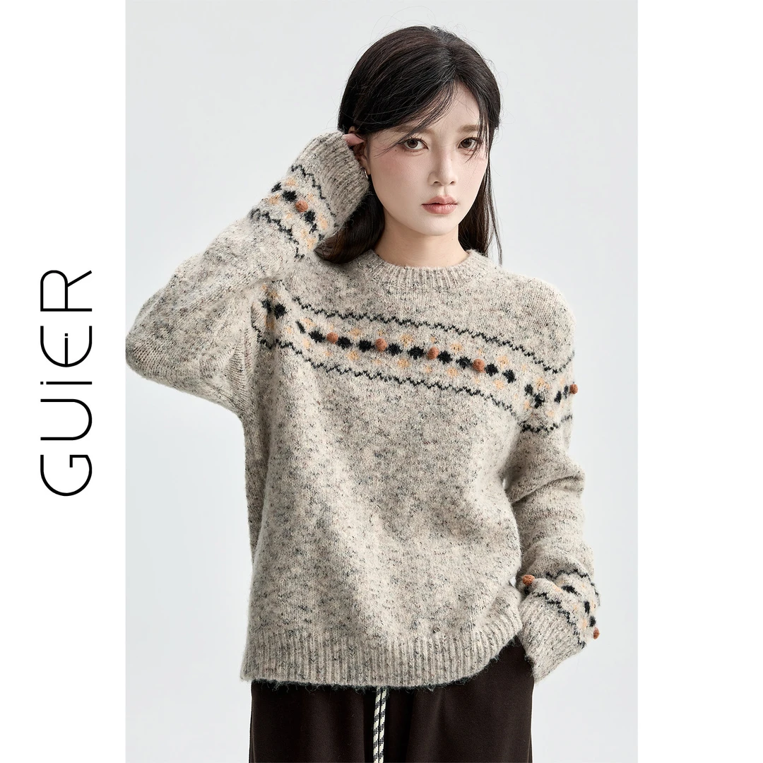 「GUIER」圆领针织毛衣女秋冬2025新款复古费尔岛高级感慵懒上衣Y80