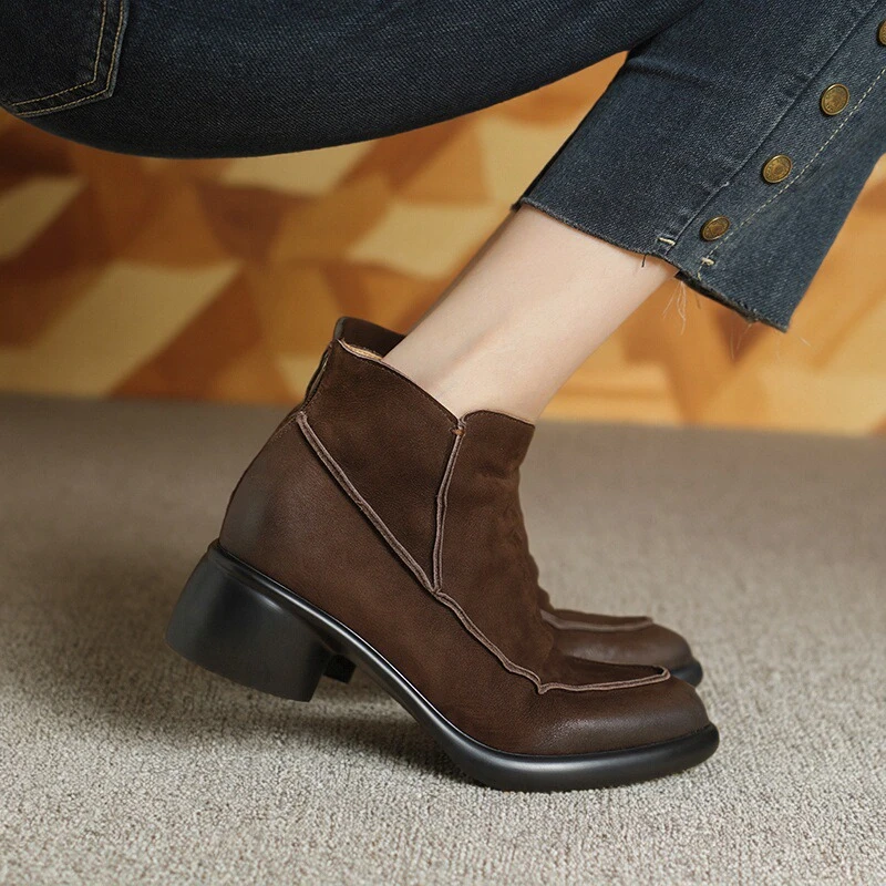 5cm英伦厚底坡跟短靴女2025秋冬磨砂真皮高跟松糕底马丁靴及踝靴