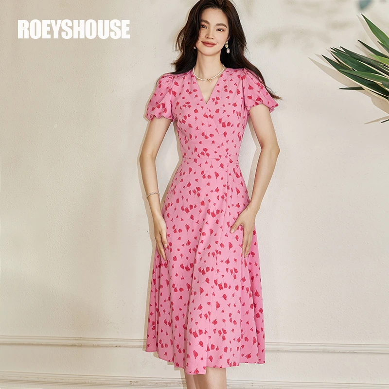 【RH】罗衣法式浪漫花色收腰连衣裙2025夏装气质V领大摆中长裙08572