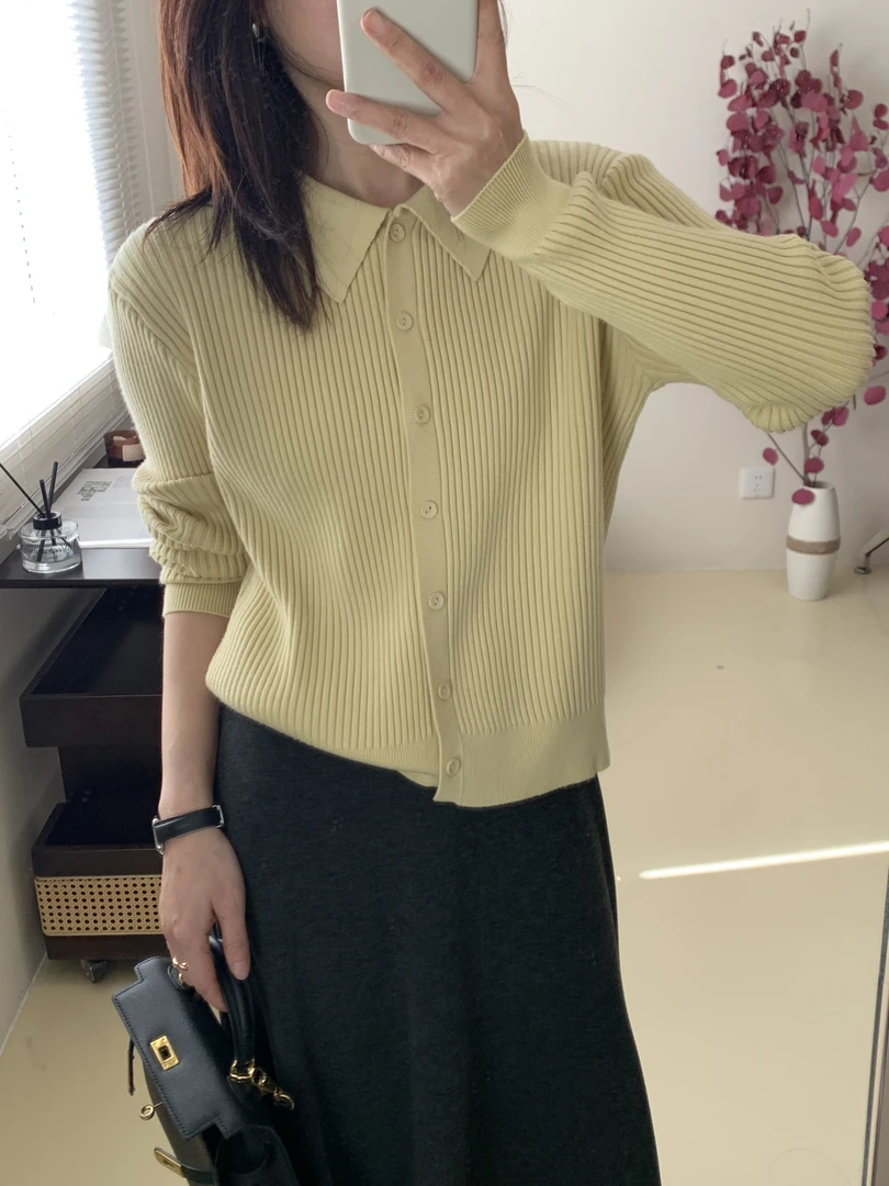 【盐系叠梦】简约韩版百搭初春显瘦外穿坑条长袖polo领针织衫