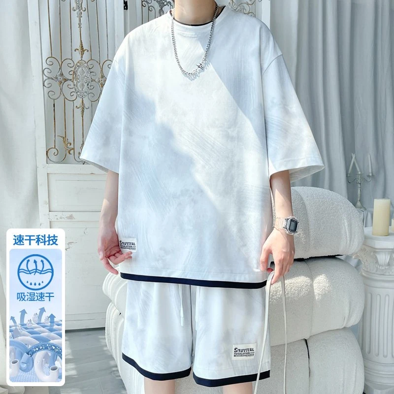 JIANXUN/简询冰丝套装男速干薄款扎染休闲套装宽松大码上衣短袖男