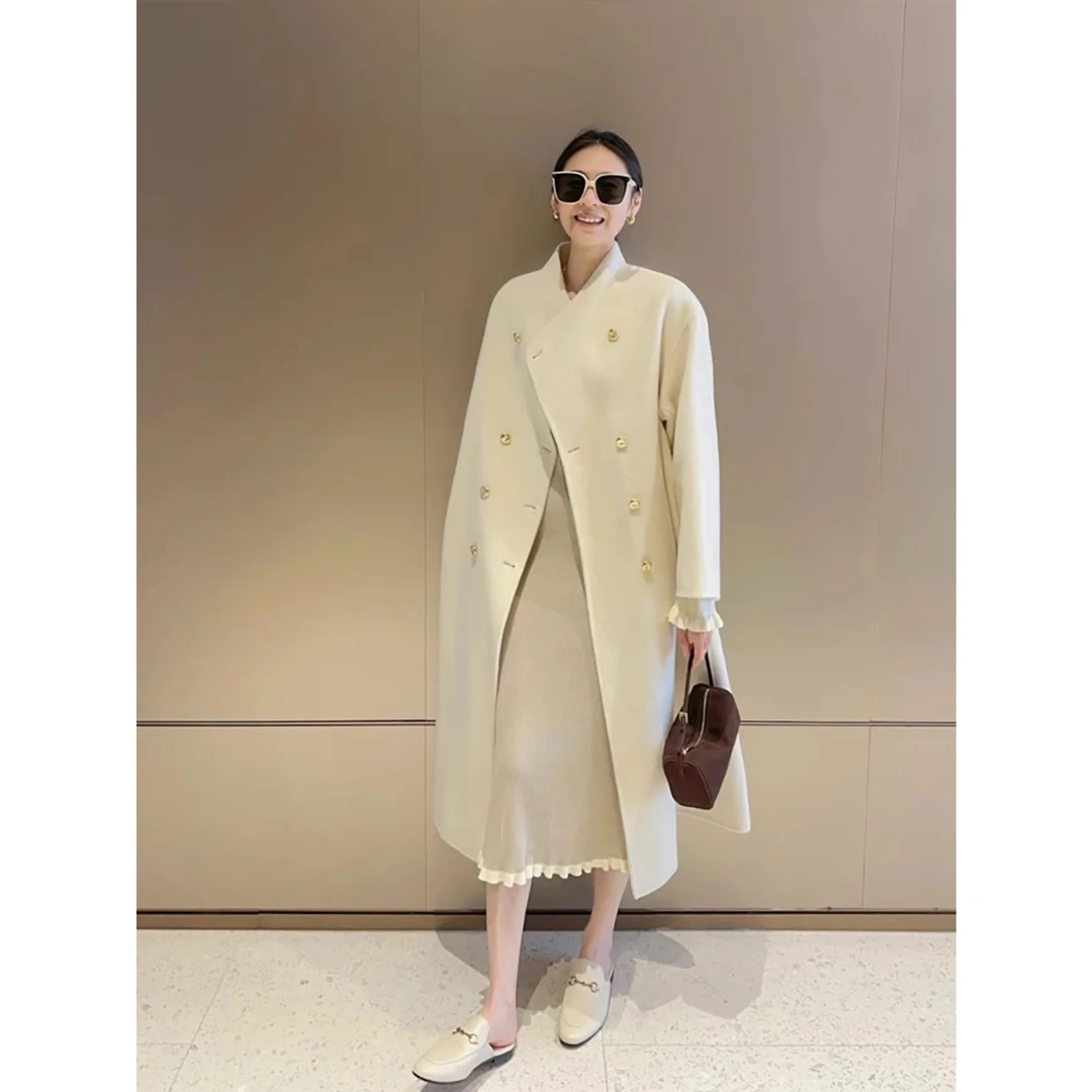 珐悦100羊毛大衣女立领温柔长款加厚显瘦宽松洋气冬双面外套23001