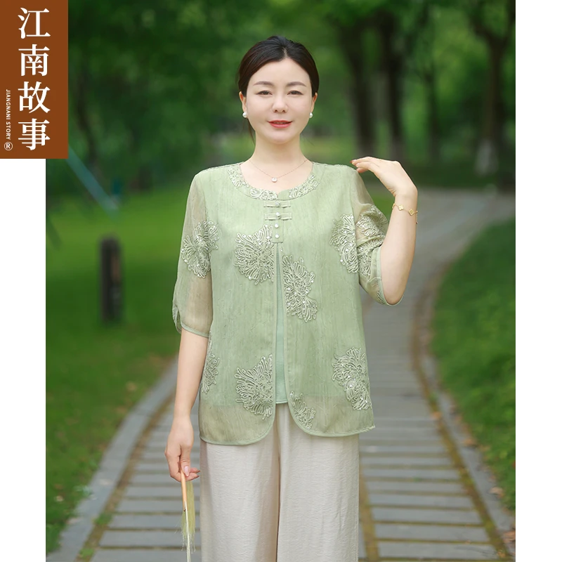 江南故事中国风妈妈装中老年女装假两件复古中年薄款小衫
